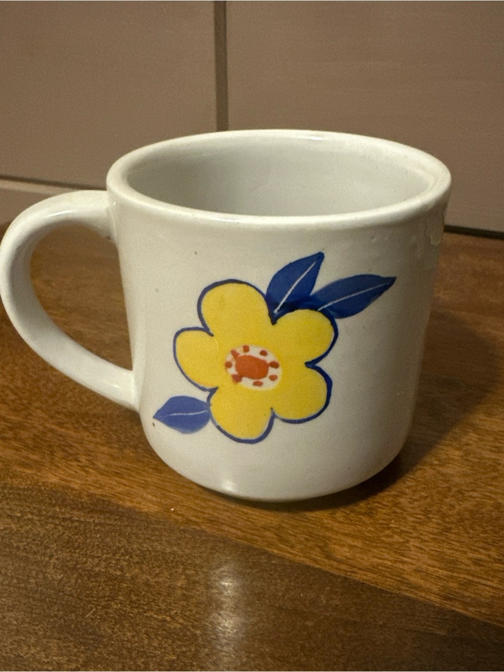 White Ceramic Mug with Yellow Floral Motif Vintage